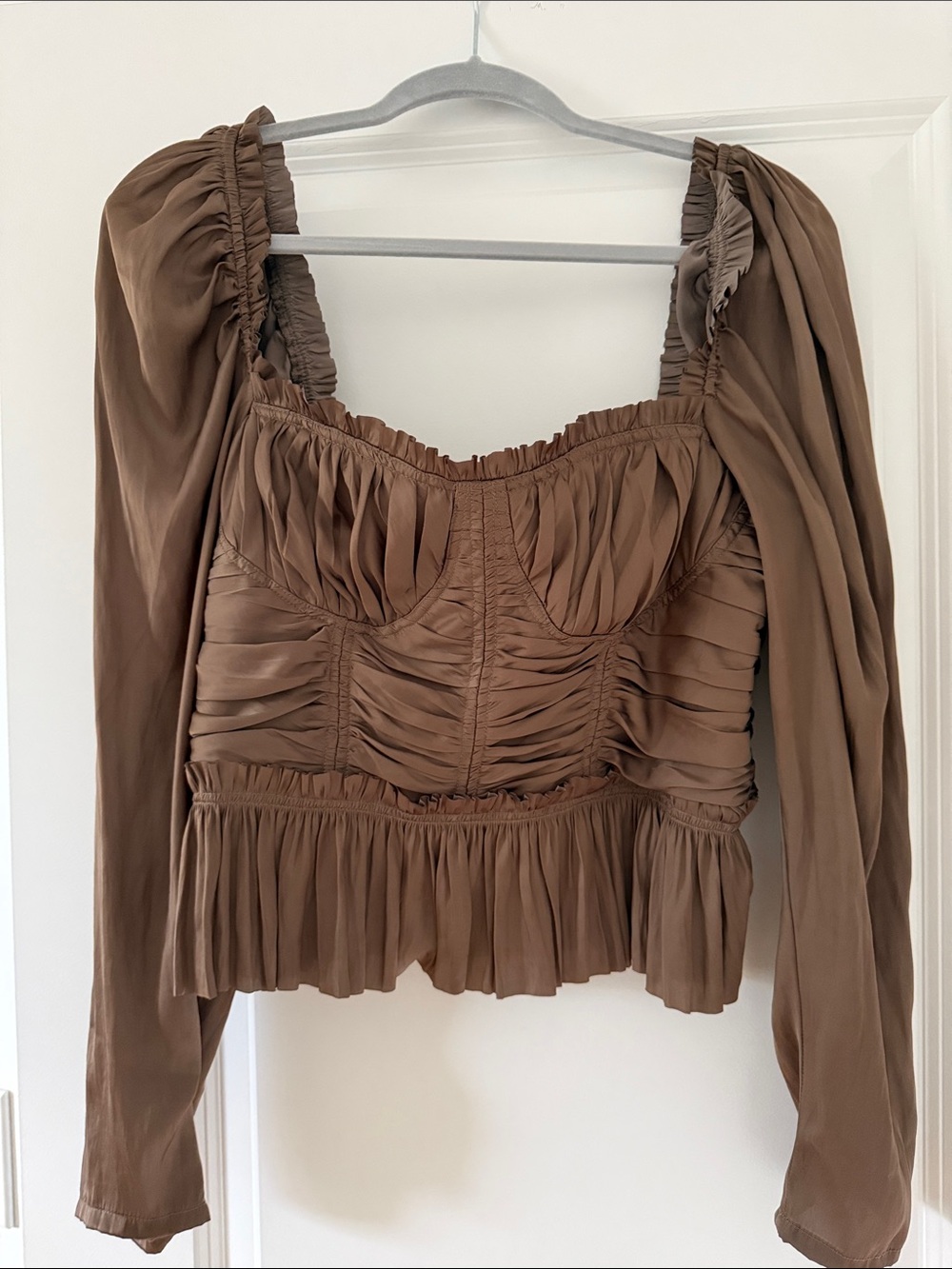 Ulla Johnson Brown Ruched Peplum Long-Sleeve Blouse
